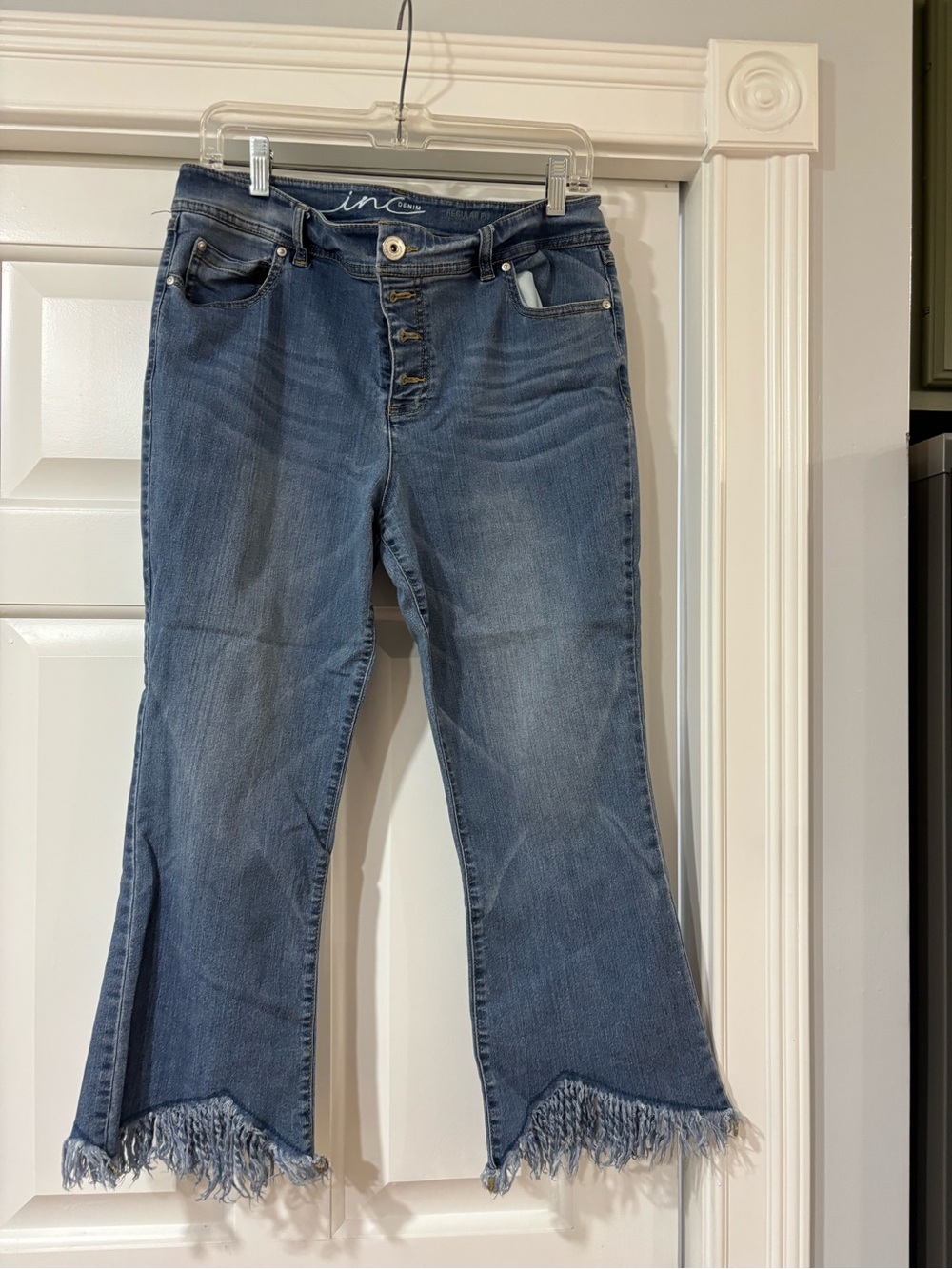 INC International Concepts Medium Blue Denim Flare Jeans with Fringe Hem